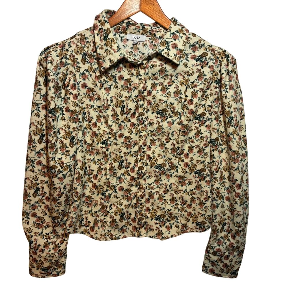 Fate Multicolored Ribbed Corduroy Button Down Floral Top Women's Size L Boho